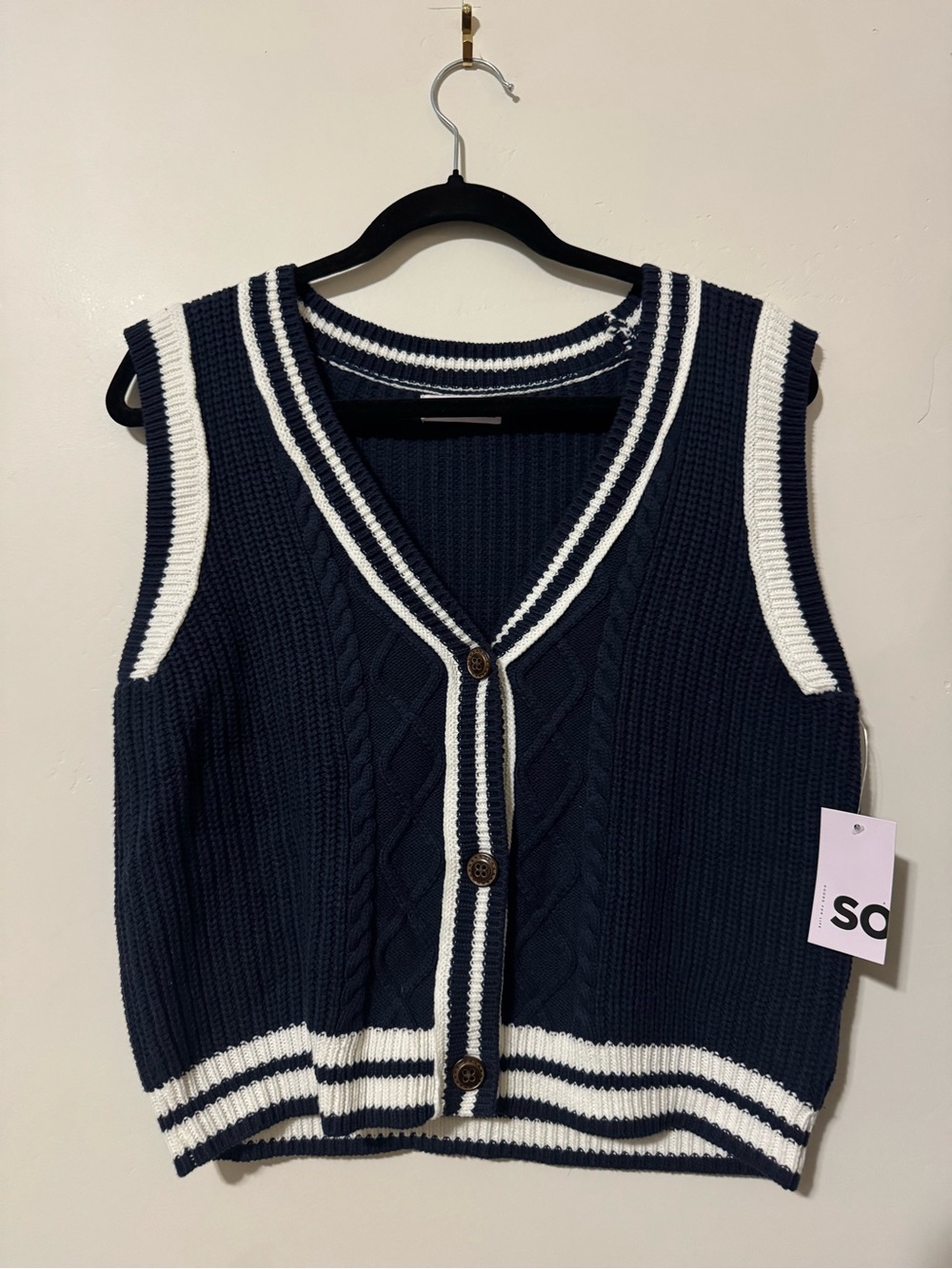 SO Navy and White Cable Knit V-Neck Sweater Vest